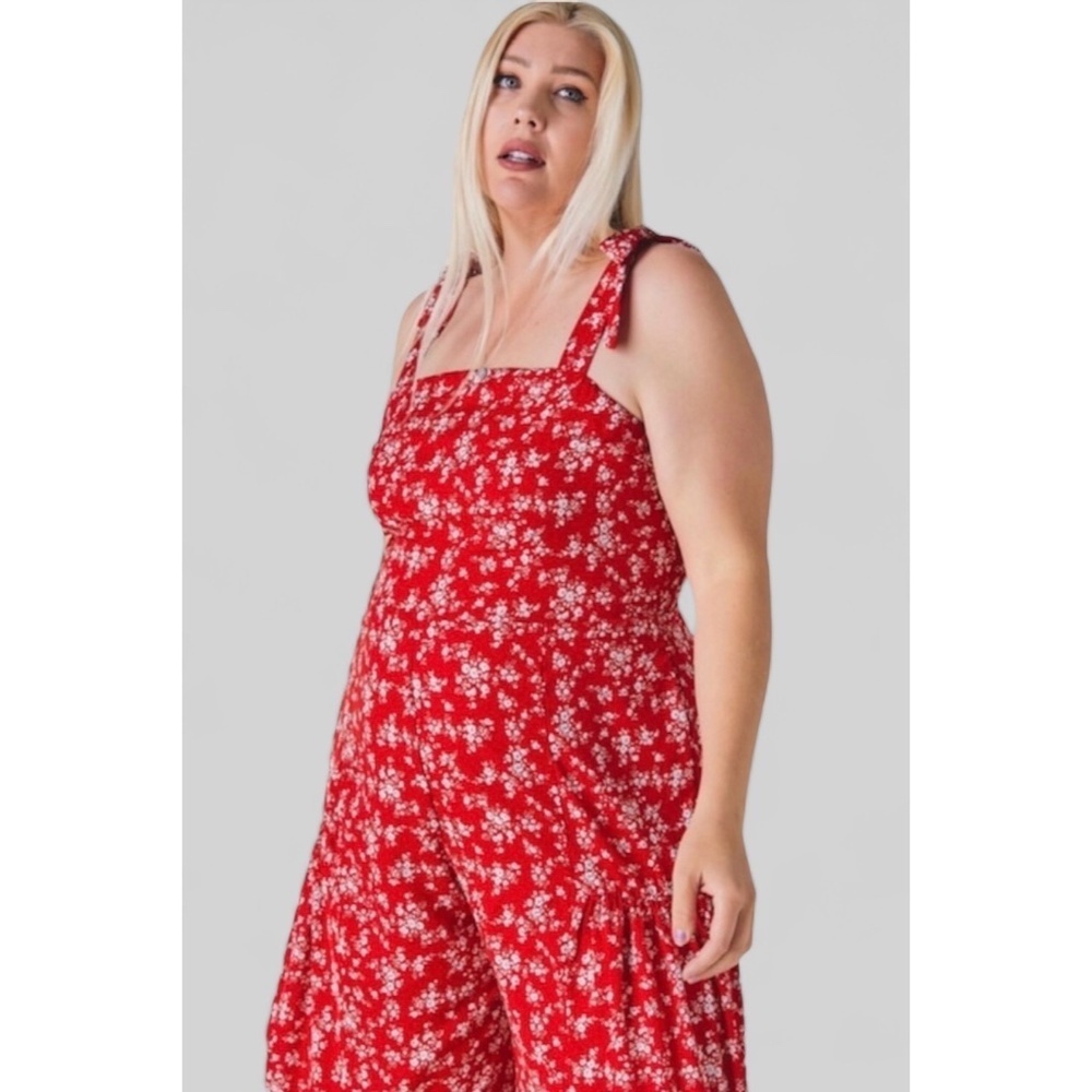 Davi & Dani Red Floral Print Wide Leg Jumpsuit - Picture 3 of 9